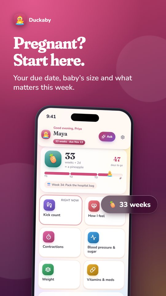 Duckaby Me screen: 33 weeks, baby the size of a pineapple, days to go